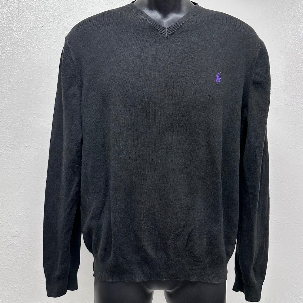 Polo Ralph Lauren Pima Cotton‎ V-Neck Sweater Purple Logo Black L